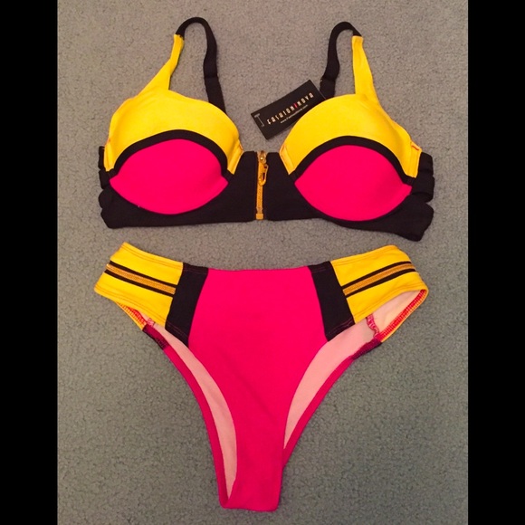 Fashion Nova Other - Fashion Nova Neon Zippered Bikini Set